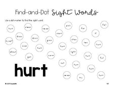 Free third grade worksheet, sight word dot marker printable coloring page, beginner sight word for 3rd graders and high frequency word 'hurt', Dolch, PDF