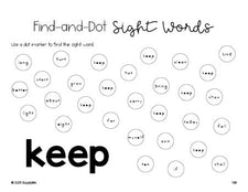 Free third grade worksheet, sight word dot marker printable coloring page, beginner sight word for 3rd graders and high frequency word 'keep', third 100 fry sight words, Dolch, PDF