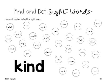 Free third grade worksheet, sight word dot marker printable coloring page, beginner sight word for 3rd graders and high frequency word 'kind', second 100 fry sight words, Dolch, PDF