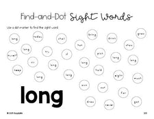 Free third grade worksheet, sight word dot marker printable coloring page, beginner sight word for 3rd graders and high frequency word 'long', first 100 fry sight words, Dolch, PDF