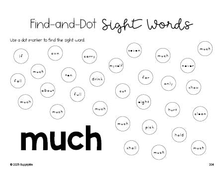 Free third grade worksheet, sight word dot marker printable coloring page, beginner sight word for 3rd graders and high frequency word 'much', second 100 fry sight words, Dolch, PDF