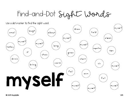 Free third grade worksheet, sight word dot marker printable coloring page, beginner sight word for 3rd graders and high frequency word 'myself', Dolch, PDF