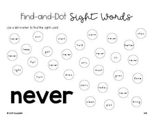 Free third grade worksheet, sight word dot marker printable coloring page, beginner sight word for 3rd graders and high frequency word 'never', third 100 fry sight words, Dolch, PDF