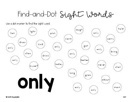 Free third grade worksheet, sight word dot marker printable coloring page, beginner sight word for 3rd graders and high frequency word 'only', second 100 fry sight words, Dolch, PDF