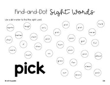 Free third grade worksheet, sight word dot marker printable coloring page, beginner sight word for 3rd graders and high frequency word 'pick', Dolch, PDF