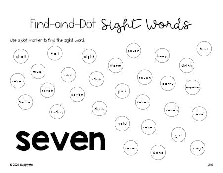 Free third grade worksheet, sight word dot marker printable coloring page, beginner sight word for 3rd graders and high frequency word 'seven', ninth 100 fry sight words, Dolch, PDF