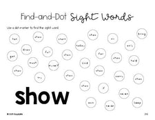 Free third grade worksheet, sight word dot marker printable coloring page, beginner sight word for 3rd graders and high frequency word 'show', second 100 fry sight words, Dolch, PDF