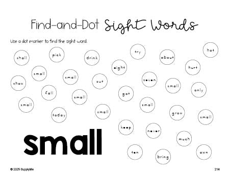 Free third grade worksheet, sight word dot marker printable coloring page, beginner sight word for 3rd graders and high frequency word 'small', second 100 fry sight words, Dolch, PDF