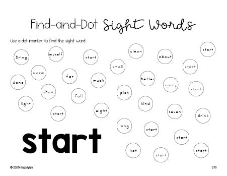 Free third grade worksheet, sight word dot marker printable coloring page, beginner sight word for 3rd graders and high frequency word 'start', third 100 fry sight words, Dolch, PDF