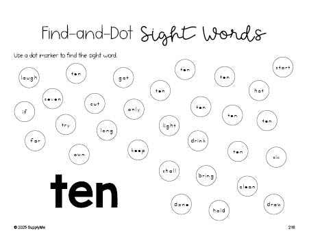 Free third grade worksheet, sight word dot marker printable coloring page, beginner sight word for 3rd graders and high frequency word 'ten', fifth 100 fry sight words, Dolch, PDF