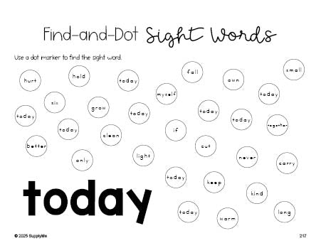 Free third grade worksheet, sight word dot marker printable coloring page, beginner sight word for 3rd graders and high frequency word 'today', fourth 100 fry sight words, Dolch, PDF