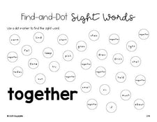 Free third grade worksheet, sight word dot marker printable coloring page, beginner sight word for 3rd graders and high frequency word 'together', third 100 fry sight words, Dolch, PDF