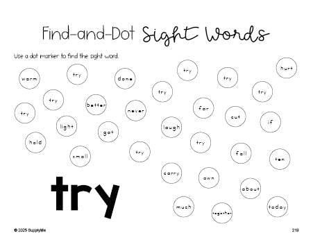 Free third grade worksheet, sight word dot marker printable coloring page, beginner sight word for 3rd graders and high frequency word 'try', second 100 fry sight words, Dolch, PDF