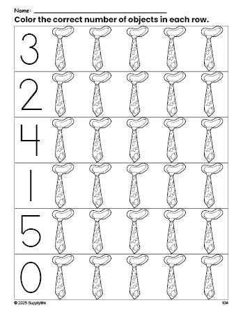 Free printable tie count and color worksheet for preschoolers, tie coloring page and counting worksheet numbers 0-5, PDF