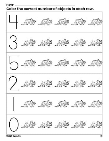 Free printable triceratops count and color worksheet for preschoolers, triceratops coloring page and counting worksheet numbers 0-5, PDF