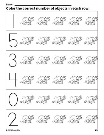 Free printable triceratops count and color worksheet for preschoolers, triceratops coloring page and counting worksheet numbers 0-5, PDF