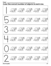 Free printable triceratops count and color worksheet for preschoolers, triceratops coloring page and counting worksheet numbers 0-5, PDF