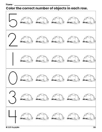 Free printable turtle count and color worksheet for preschoolers, turtle coloring page and counting worksheet numbers 0-5, PDF