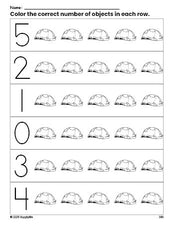 Free printable turtle count and color worksheet for preschoolers, turtle coloring page and counting worksheet numbers 0-5, PDF