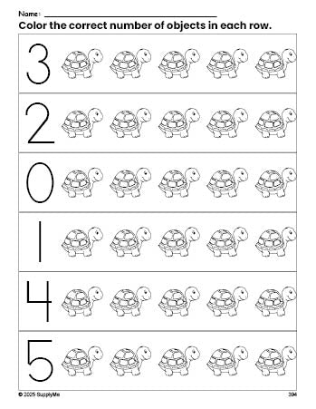 Free printable turtle count and color worksheet for preschoolers, turtle coloring page and counting worksheet numbers 0-5, PDF