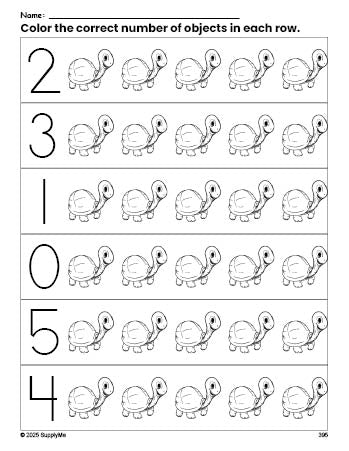 Free printable turtle count and color worksheet for preschoolers, turtle coloring page and counting worksheet numbers 0-5, PDF