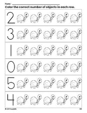 Free printable turtle count and color worksheet for preschoolers, turtle coloring page and counting worksheet numbers 0-5, PDF