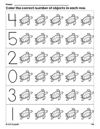 Free printable turtle count and color worksheet for preschoolers, turtle coloring page and counting worksheet numbers 0-5, PDF