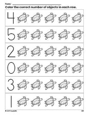 Free printable turtle count and color worksheet for preschoolers, turtle coloring page and counting worksheet numbers 0-5, PDF