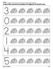 Free printable turtle St. Patrick's Day count and color worksheet for preschoolers, St. Patrick's Day coloring page and counting worksheet numbers 0-5, PDF