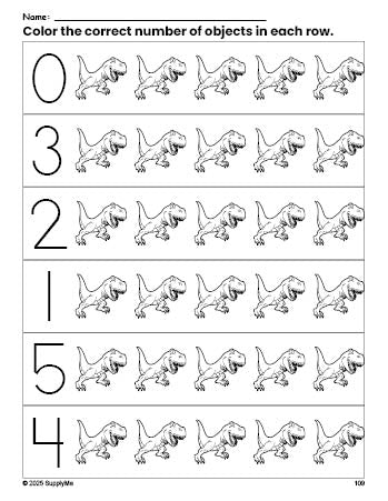 Free printable tyrannosaurus rex count and color worksheet for preschoolers, tyrannosaurus rex coloring page and counting worksheet numbers 0-5, PDF