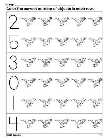 Free printable tyrannosaurus rex count and color worksheet for preschoolers, tyrannosaurus rex coloring page and counting worksheet numbers 0-5, PDF