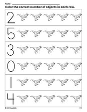 Free printable tyrannosaurus rex count and color worksheet for preschoolers, tyrannosaurus rex coloring page and counting worksheet numbers 0-5, PDF