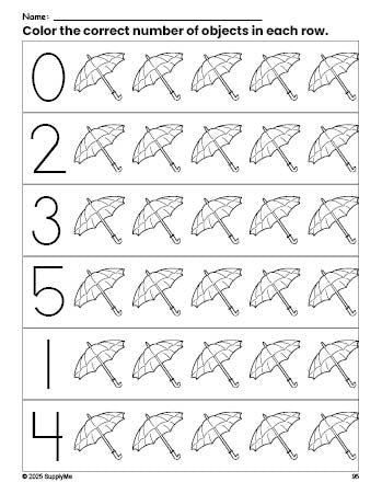 Free printable umbrella count and color worksheet for preschoolers, umbrella coloring page and counting worksheet numbers 0-5, PDF