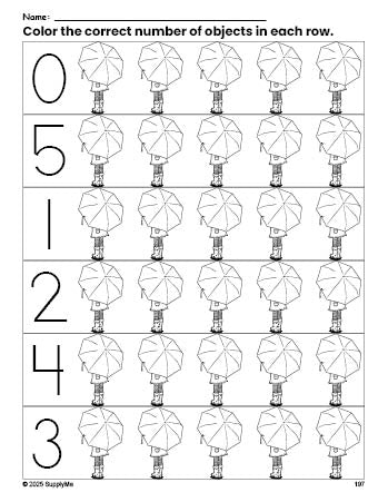 Free printable umbrella count and color worksheet for preschoolers, umbrella coloring page and counting worksheet numbers 0-5, PDF