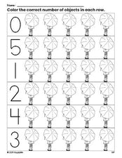 Free printable umbrella count and color worksheet for preschoolers, umbrella coloring page and counting worksheet numbers 0-5, PDF