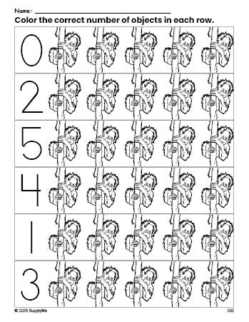 Free printable urangatang count and color worksheet for preschoolers, urangatang coloring page and counting worksheet numbers 0-5, PDF