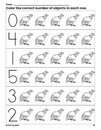 Free printable vulture count and color worksheet for preschoolers, vulture coloring page and counting worksheet numbers 0-5, PDF