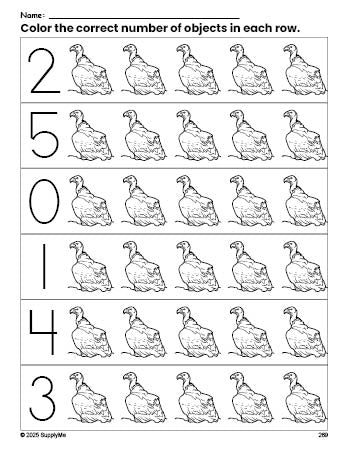 Free printable vulture count and color worksheet for preschoolers, vulture coloring page and counting worksheet numbers 0-5, PDF