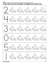 Free printable whale count and color worksheet for preschoolers, whale coloring page and counting worksheet numbers 0-5, PDF