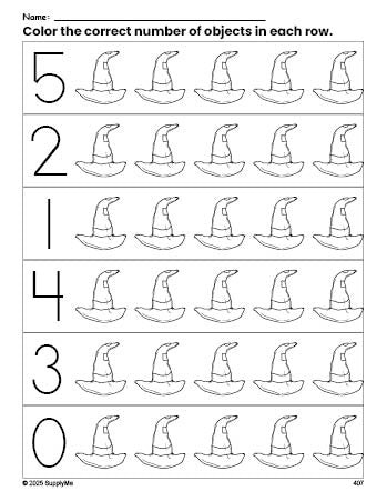 Free printable witch hat Halloween count and color worksheet for preschoolers, Halloween coloring page and counting worksheet numbers 0-5, PDF