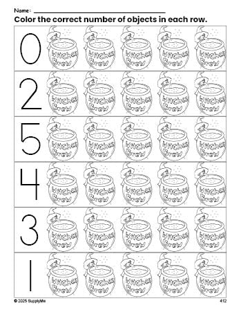 Free printable witches brew Halloween count and color worksheet for preschoolers, Halloween coloring page and counting worksheet numbers 0-5, PDF