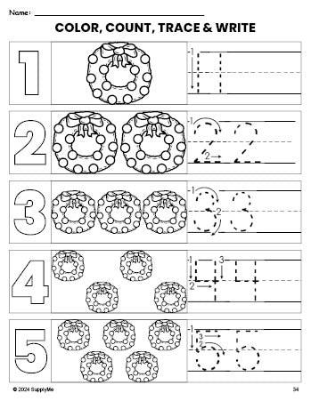 Free printable wreath Christmas coloring page and number tracing worksheet, numbers 1-5 counting worksheet for preschool and pre-k