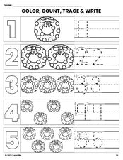 Free printable wreath Christmas coloring page and number tracing worksheet, numbers 1-5 counting worksheet for preschool and pre-k