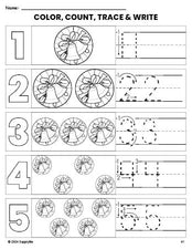 Free printable wreath Christmas coloring page and number tracing worksheet, numbers 1-5 counting worksheet for preschool and pre-k