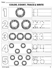 Free printable wreath Christmas coloring page and number tracing worksheet, numbers 1-5 counting worksheet for preschool and pre-k