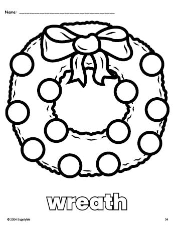 Free printable wreath Christmas coloring page for preschool, pre-k, and kindergarten