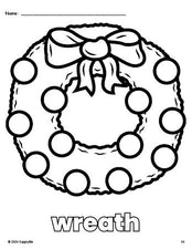 Free printable wreath Christmas coloring page for preschool, pre-k, and kindergarten