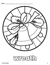 Free printable wreath Christmas coloring page for preschool, pre-k, and kindergarten