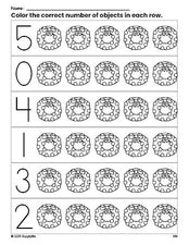 Free printable wreath Christmas count and color worksheet for preschoolers, Christmas coloring page and counting worksheet numbers 0-5, PDF