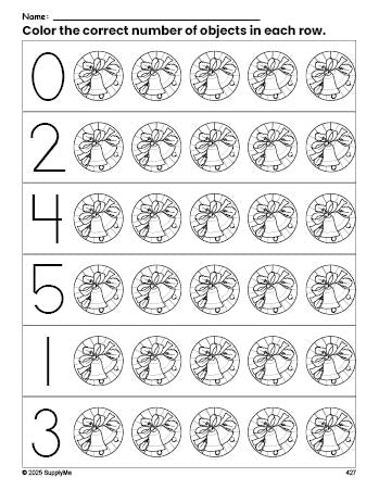 Free printable wreath Christmas count and color worksheet for preschoolers, Christmas coloring page and counting worksheet numbers 0-5, PDF